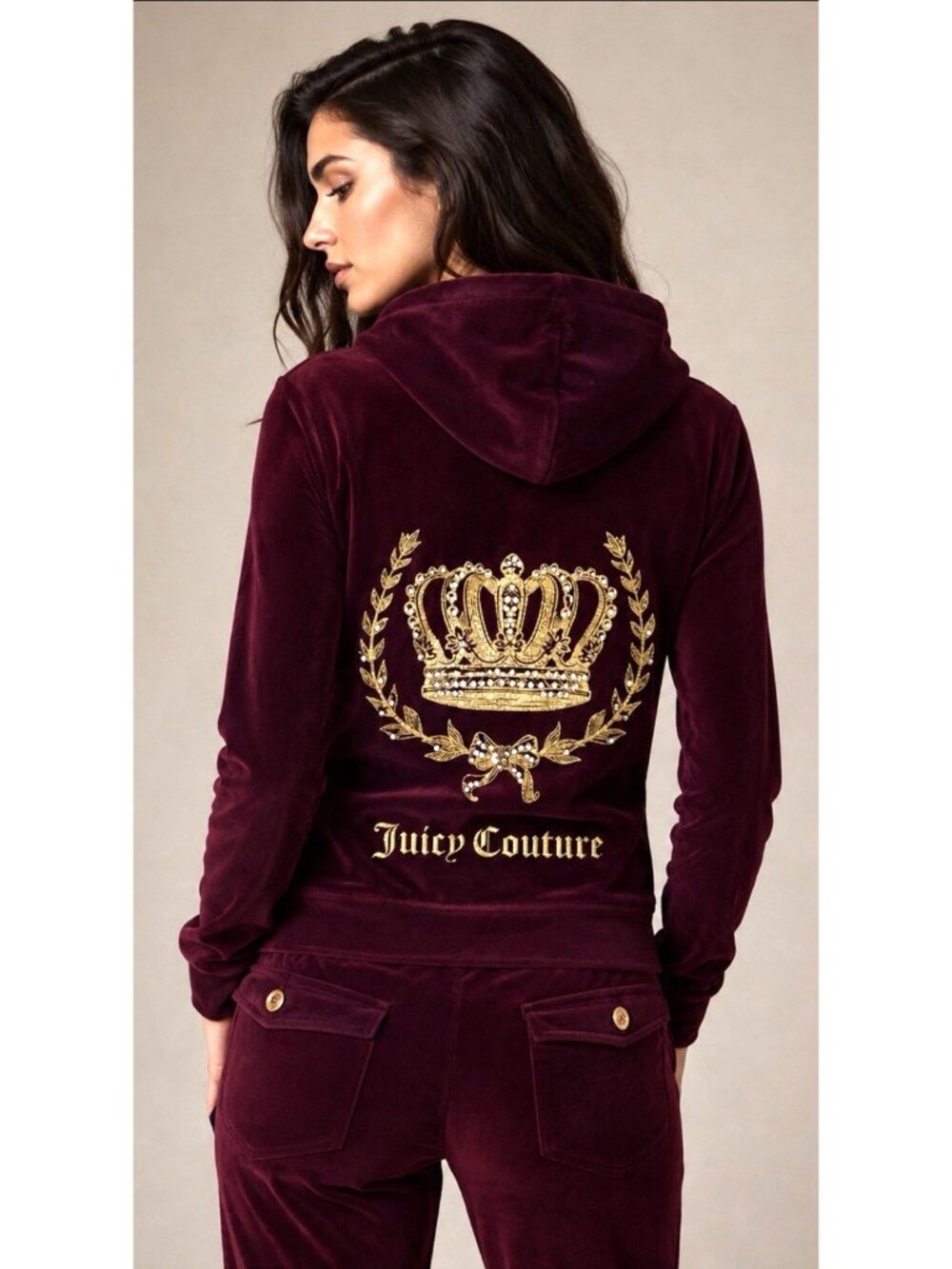 Juicy Couture Burgundy Velour Gold Crystal Crown Hoodie Track Jacket